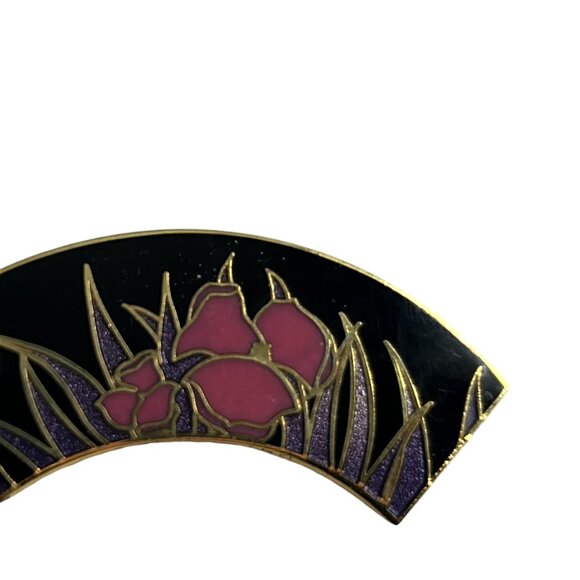 Vintage Isle of Skye Enamel Fan Brooch Pink Flowers Black Gold Tone Pin - Picture 5 of 7